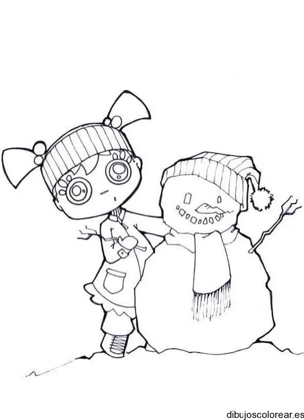 Dibujo de una pequeña niña con un hombre de nieve 
