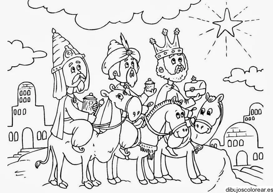 Dibujo de los reyes magos siguiendo la estrella 