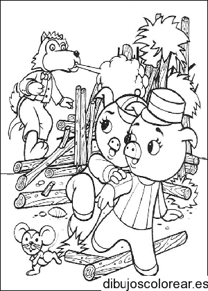 Dibujo de lobo y dos cerditos