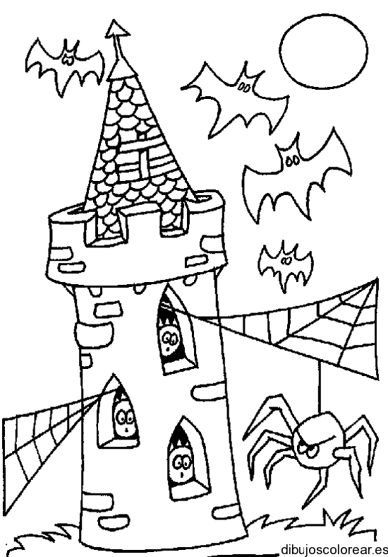 Dibujo de un castillo con murciélagos 