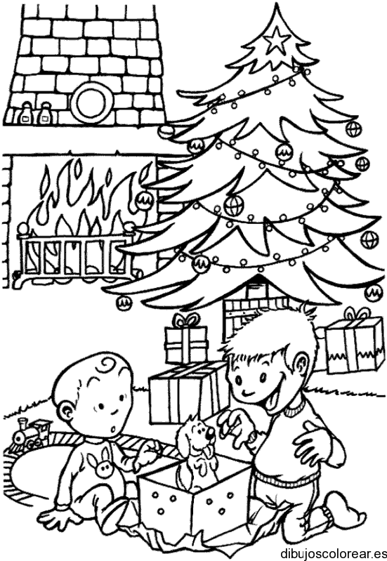 Dibujo de niños abriendo regalos