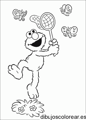 Dibujo de Elmo atrapando mariposas