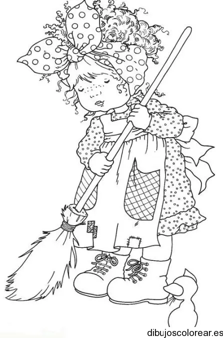 Dibujo de una niña barriendo
