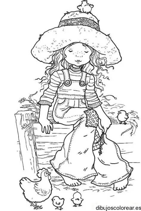 Dibujo de una niña con pollos