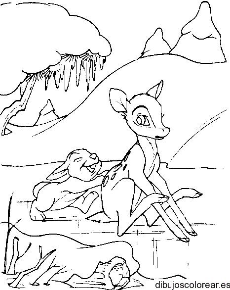 Dibujo de un venado y un conejo en el hielo