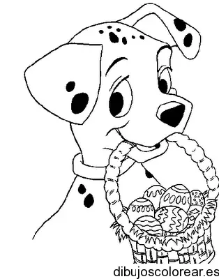 Dibujo de un dálmata y una cesta huevos de pascua