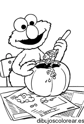 Dibujo de Halloween Elmo haciendo una calabaza