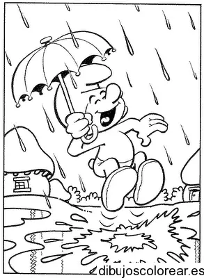 Dibujo de un pitufo bajo la lluvia