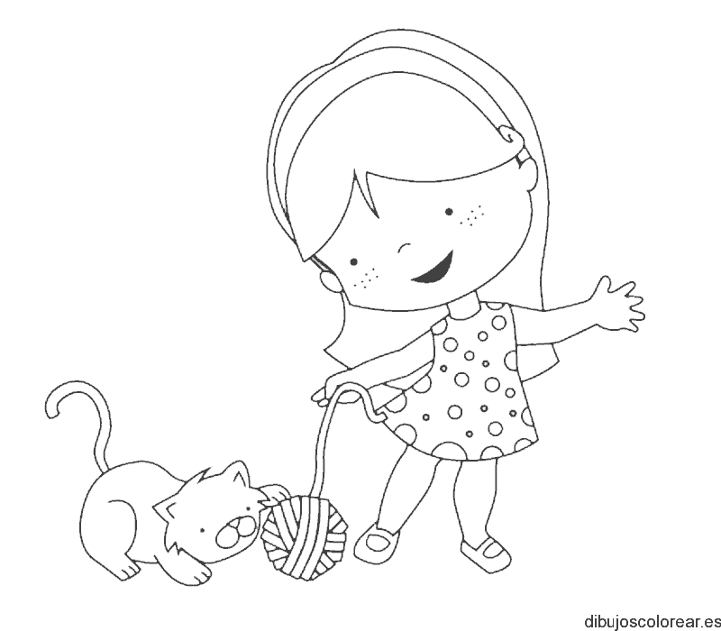 Dibujo de niña con un gato y su madeja