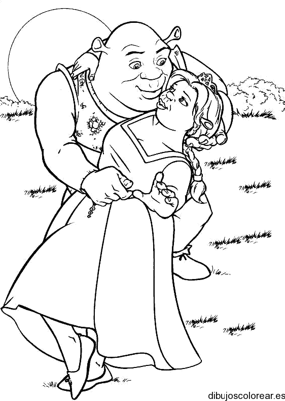 Dibujo de Sherk y Fiona bajo la luna