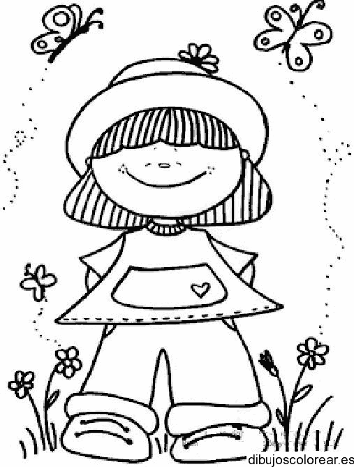 Dibujo de niña con sombrero y mariposas