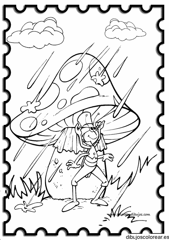 Dibujo de un grillo bajo la lluvia