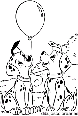 Dibujo de dos dálmatas jugando con globo