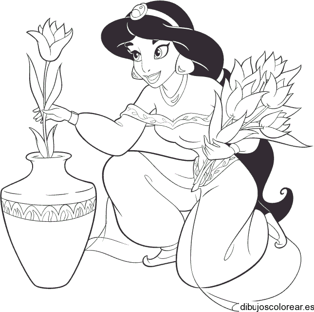 Dibujo de Jazmin con un jarrón y flores