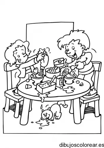 Dibujo de niños preparando un pastel