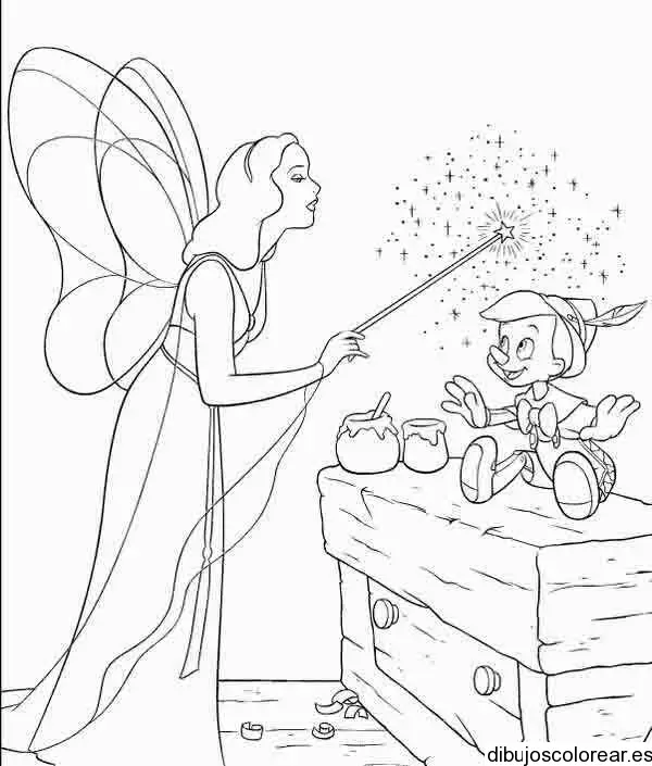 Dibujo del hada madrina visitando a Pinocho
