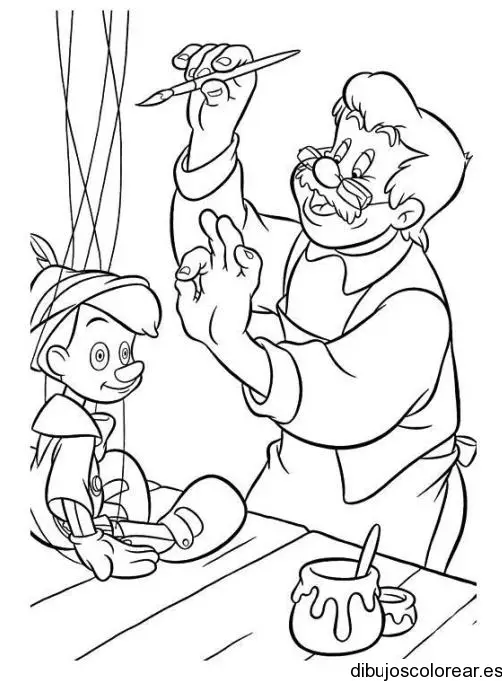 Dibujo de Gepetto pintando a Pinocho