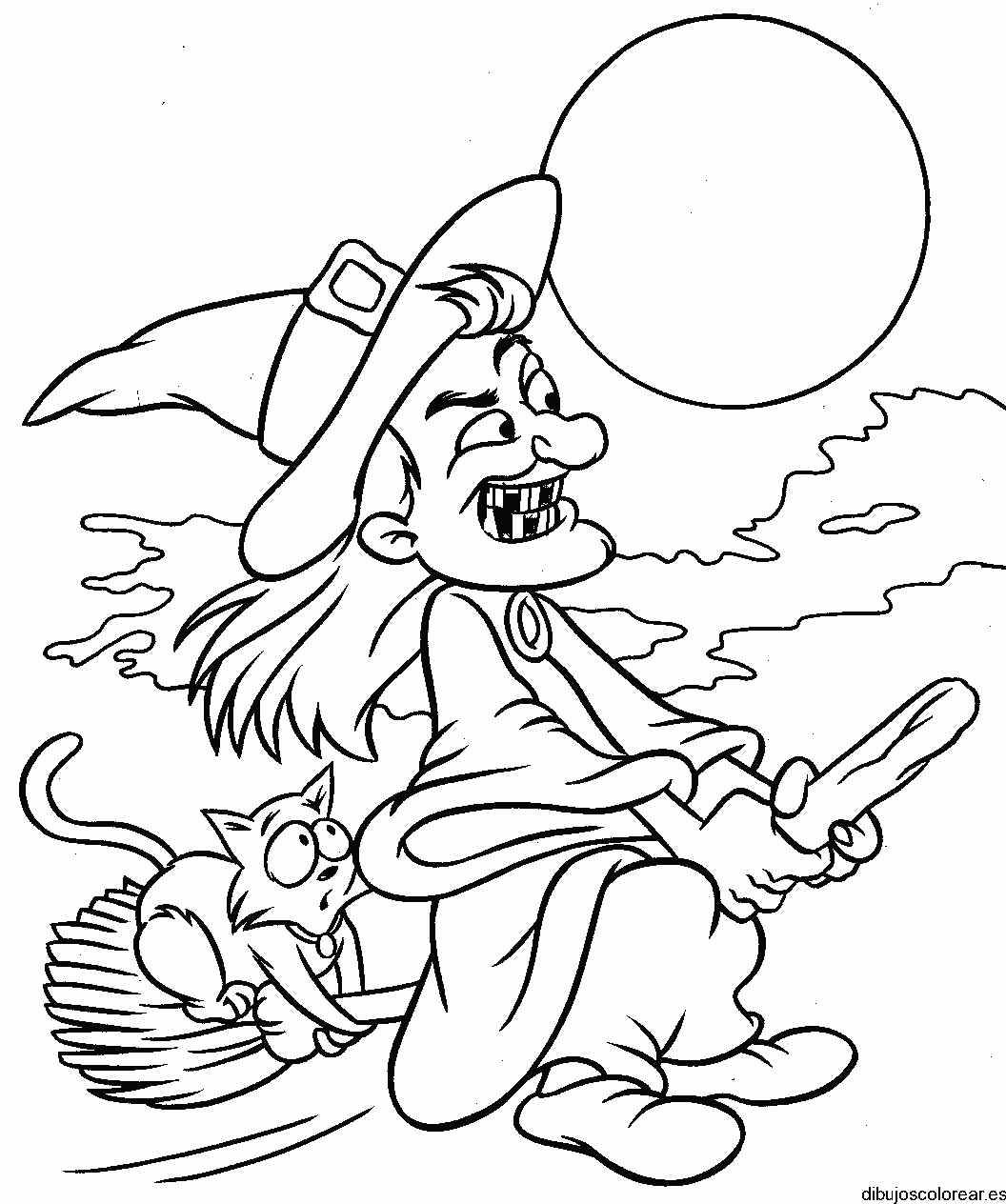 Dibujo de una bruja bajo la luna