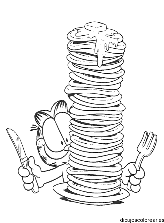 Dibujo de Garfield y una torre de panqueques
