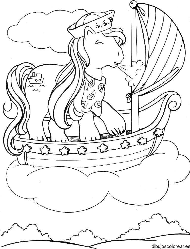 Dibujo de un pony en un barco de vela