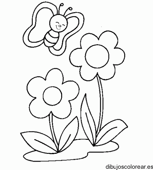 Dibujo de una mariposa y dos flores