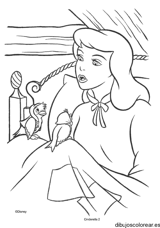 Dibujo de Cenicienta y dos pájaros