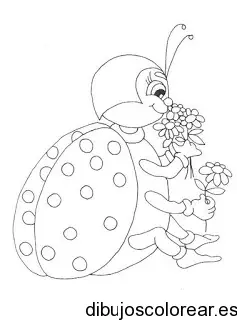 Dibujo de una mariquita oliendo flores