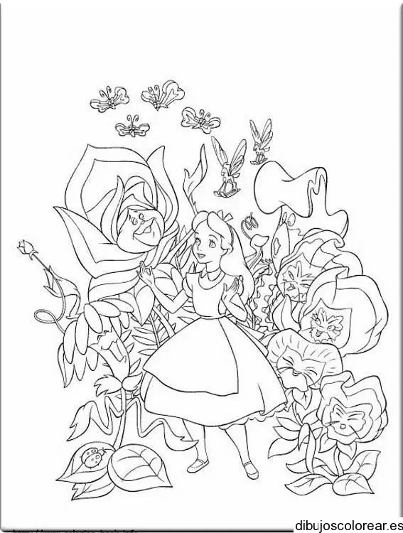 Dibujo de Alicia rodeada de flores