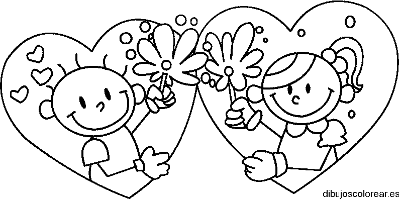 Dibujo de dos niños en corazones