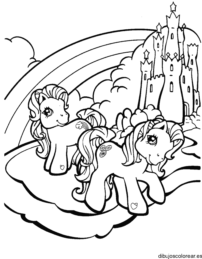 Dibujo de dos ponys frente a arco iris