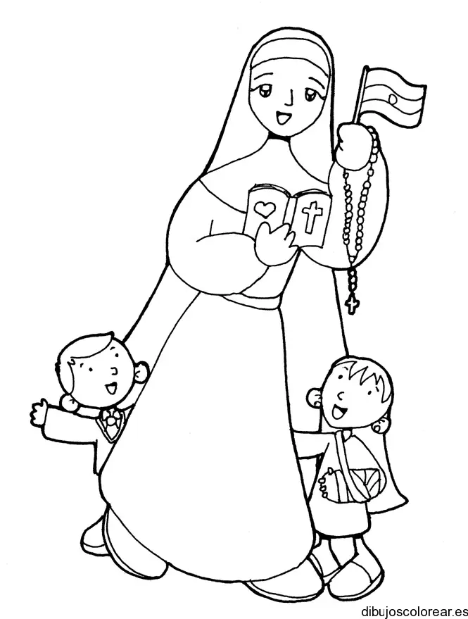 Dibujo de una novicia con dos niños