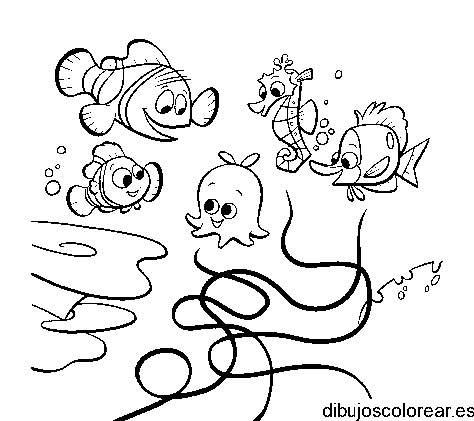 Dibujo de peces jugando y un caballito de mar