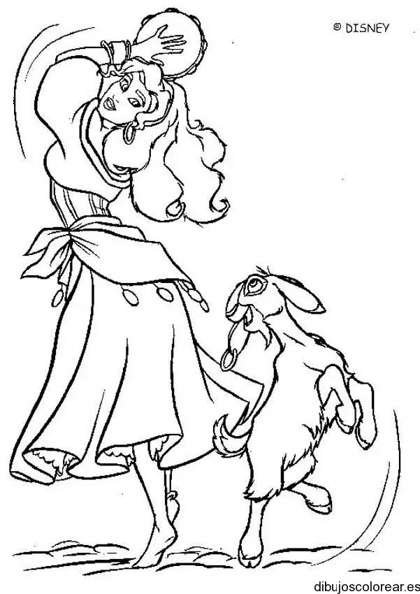 Dibujo de Esmeralda bailando con la cabra Djali