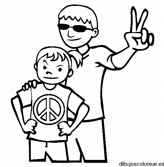 Dibujo de dos chicos y el símbolo de paz y amor