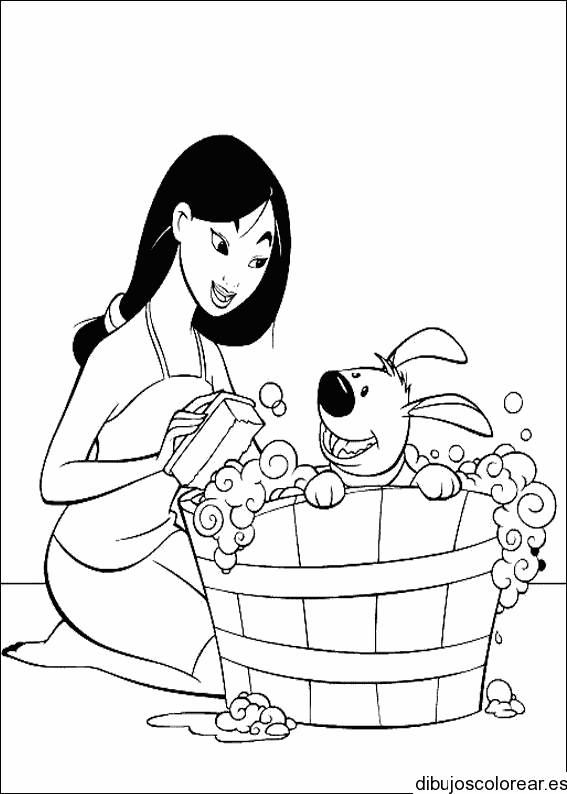 Dibujo de Mulan bañando a un perro