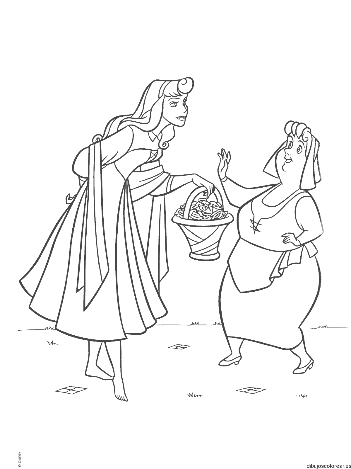Dibujo de la bella durmiente con una canasta