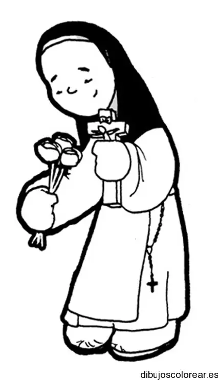 Dibujo de una monja con un ramo de flores