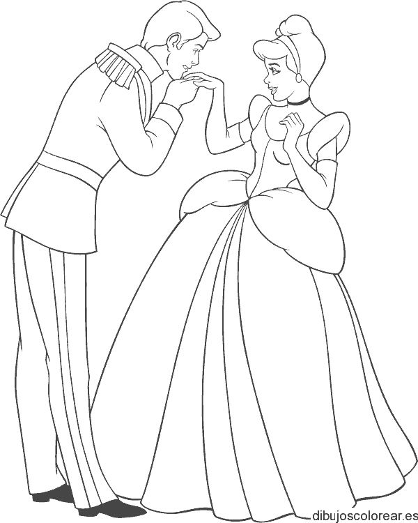 Dibujo del príncipe besando la mano de Cenicienta