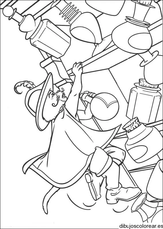 Dibujo del gato con botas en la cocina