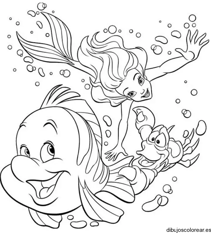 Dibujo de Ariel, Flounder y Sebastian