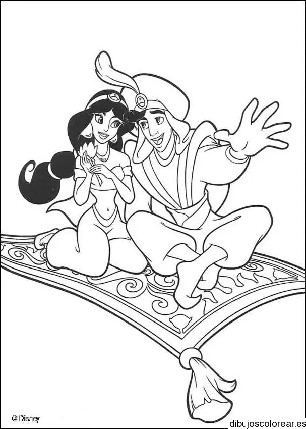Dibujo de Aladdín y Jasmine en la alfombra