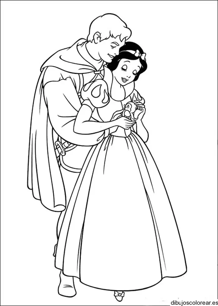 Dibujo de Blancanieves y el príncipe con un pajarillo
