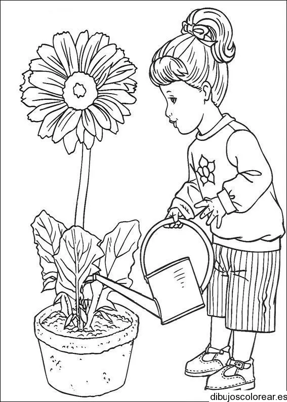 Dibujo de una niña y una regadera