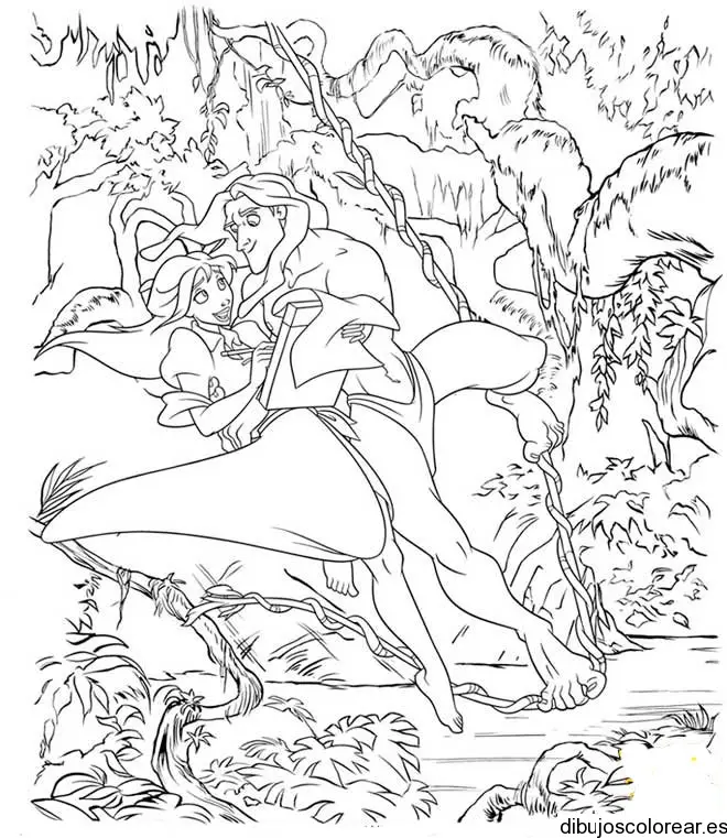 Dibujo de Tarzán y Jane en las lianas
