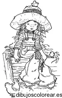Dibujo de una niña con una gallina
