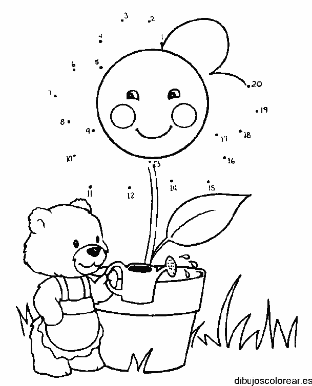 Dibujo de un osito regando una flor