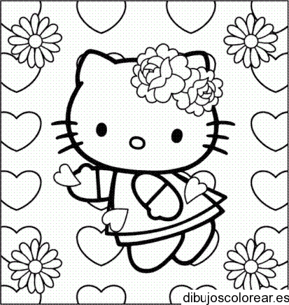 Dibujo de Hello Kitty con flores y corazones