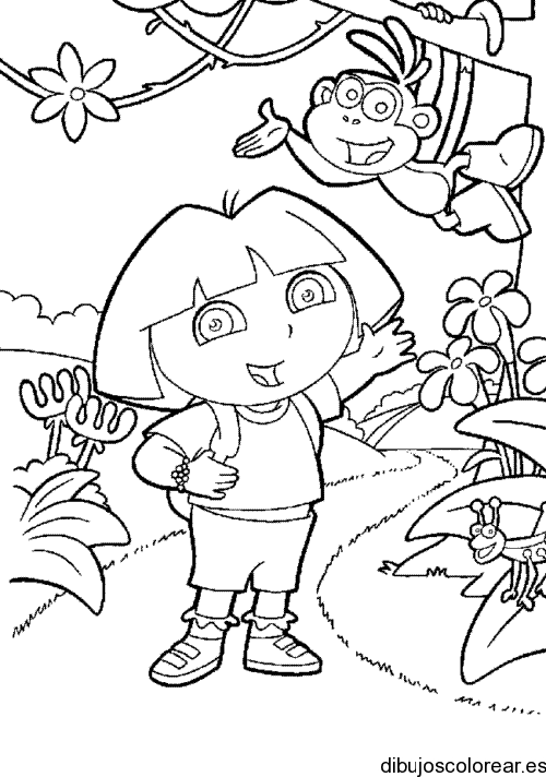 Dibujo de Dora y Botas colgando de un árbol 