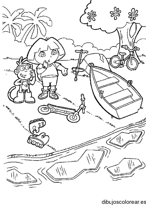 Dibujo de Dora y Botas en el río 