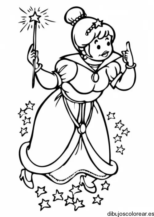 Dibujo de un hada madrina sobre estrellas